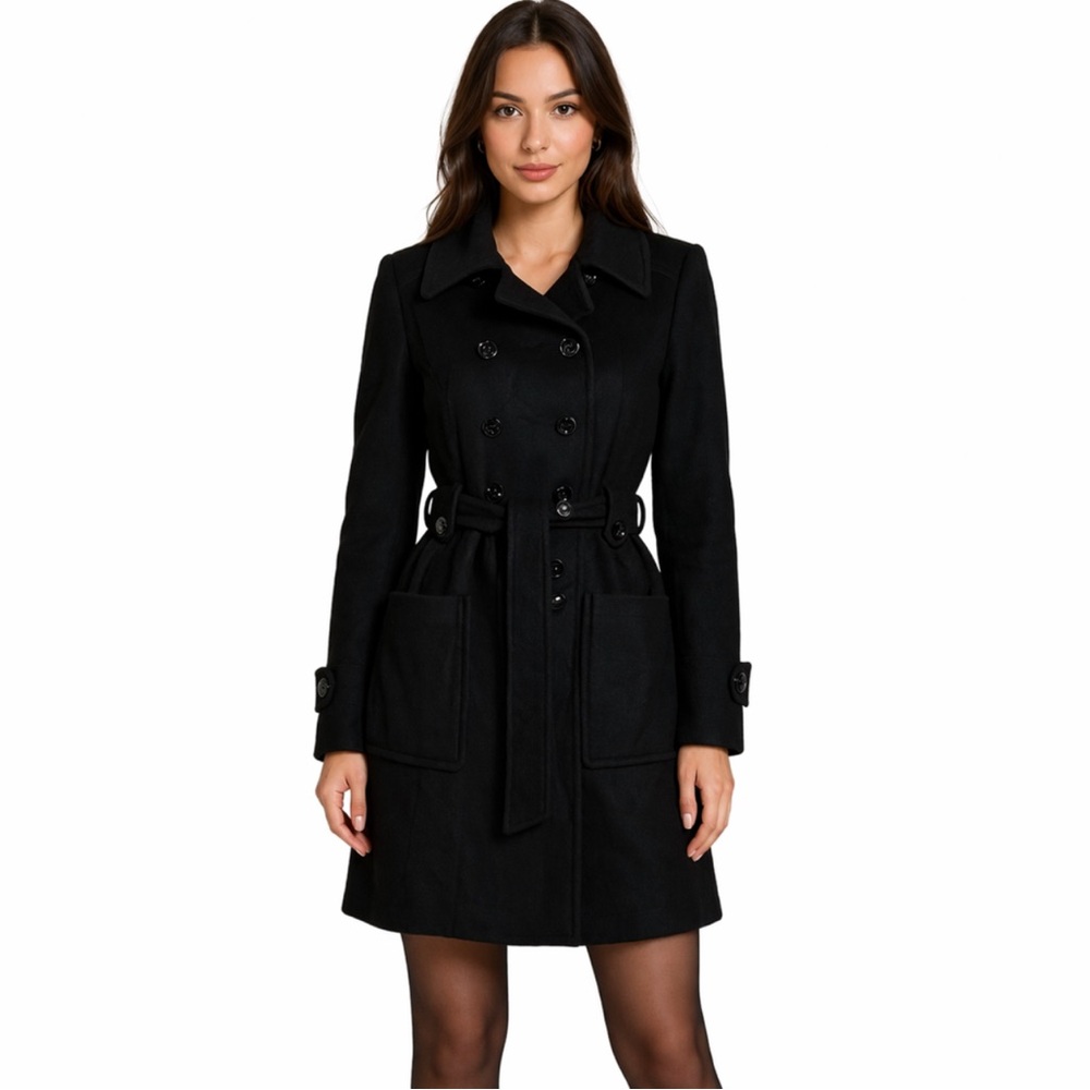 Jacob‎ Black Double-Breasted Wool Blend Pea Coat with Belt